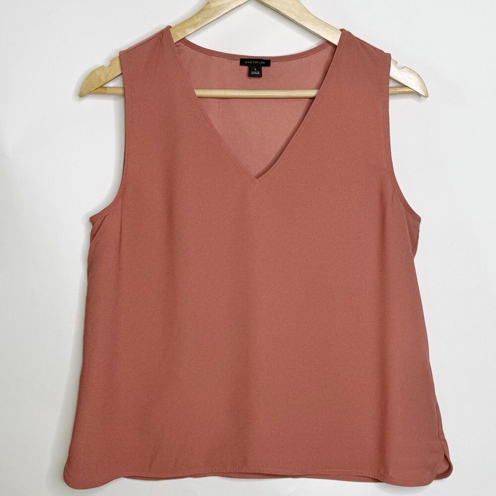 ANN TAYLOR Sleeveless V-Neck  Tank Top Shirt Women's M Rose Pink Crepe Summer